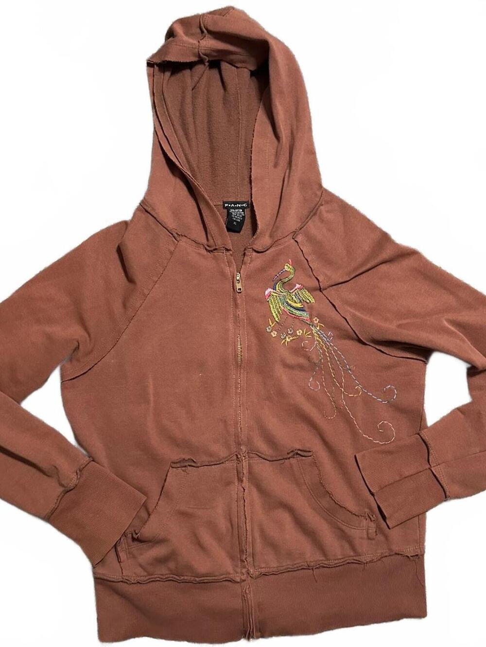 Y2K Fang Brand Brown Streetwear Peacock Embroidered Zip Up Hoodie Size XL